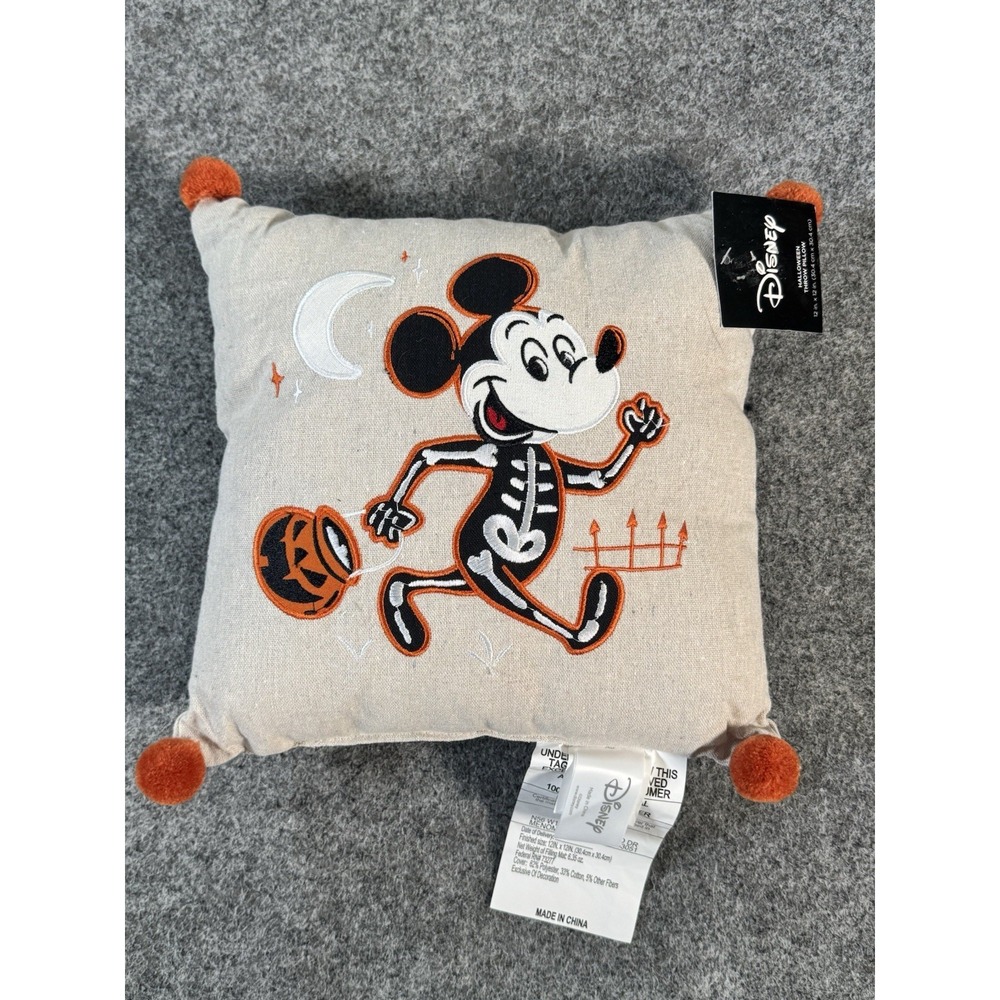 Disney Mickey Mouse Skeleton Embroidered Halloween 12" Throw Pillow NWT